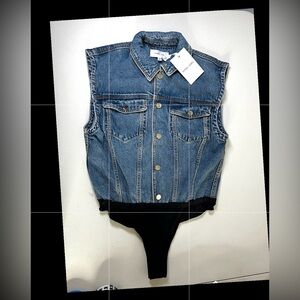 Ronny Kobo Collection Denim Vest Bodysuit, size L, NWT